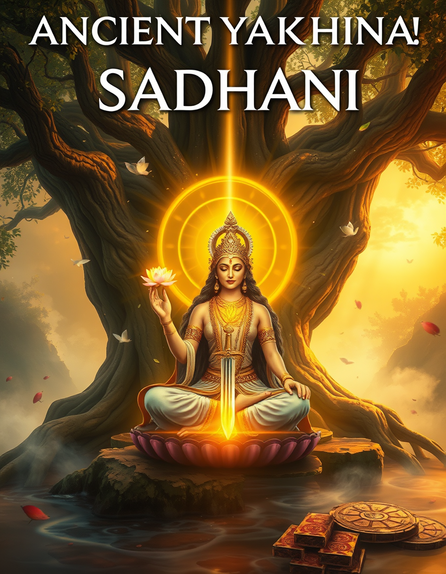 Book Covers idea: cover-ready concept art organized around genre, focal point, and title-safe space, deliberate composition, A book cover titled "Ancient Yakshini Sadha