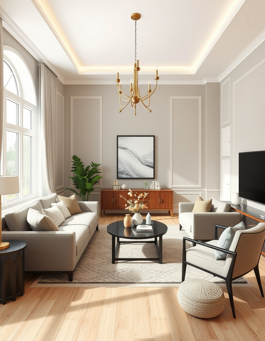 AI Room Design idea created from the prompt: AI room design, full room layout furniture and lighting, photorealistic interior render, living room dining room with shewin willaims color