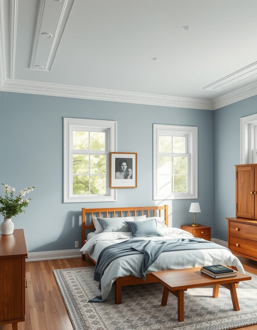 Paint Color idea: room repainted in a new wall color from the photo, accurate paint finish, photorealistic interior render, a bedroom with dusty blue walls, eggshell fi