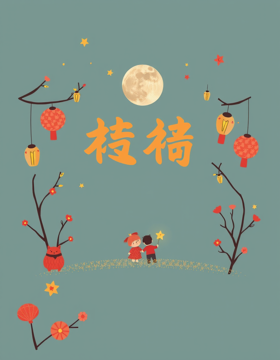 Greeting Cards idea: greeting card design, warm illustration, space for message, 大大的月亮大大的月餅，所有人站在月亮跟月餅下面抬頭向上看 , printable greeting card