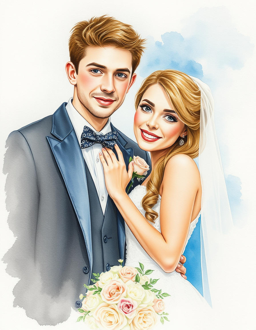 Photo To Watercolor idea created from the prompt: a photo interpreted with transparent pigment, paper grain, and controlled soft edges, deliberate composition, Examine nicest wedding and cou