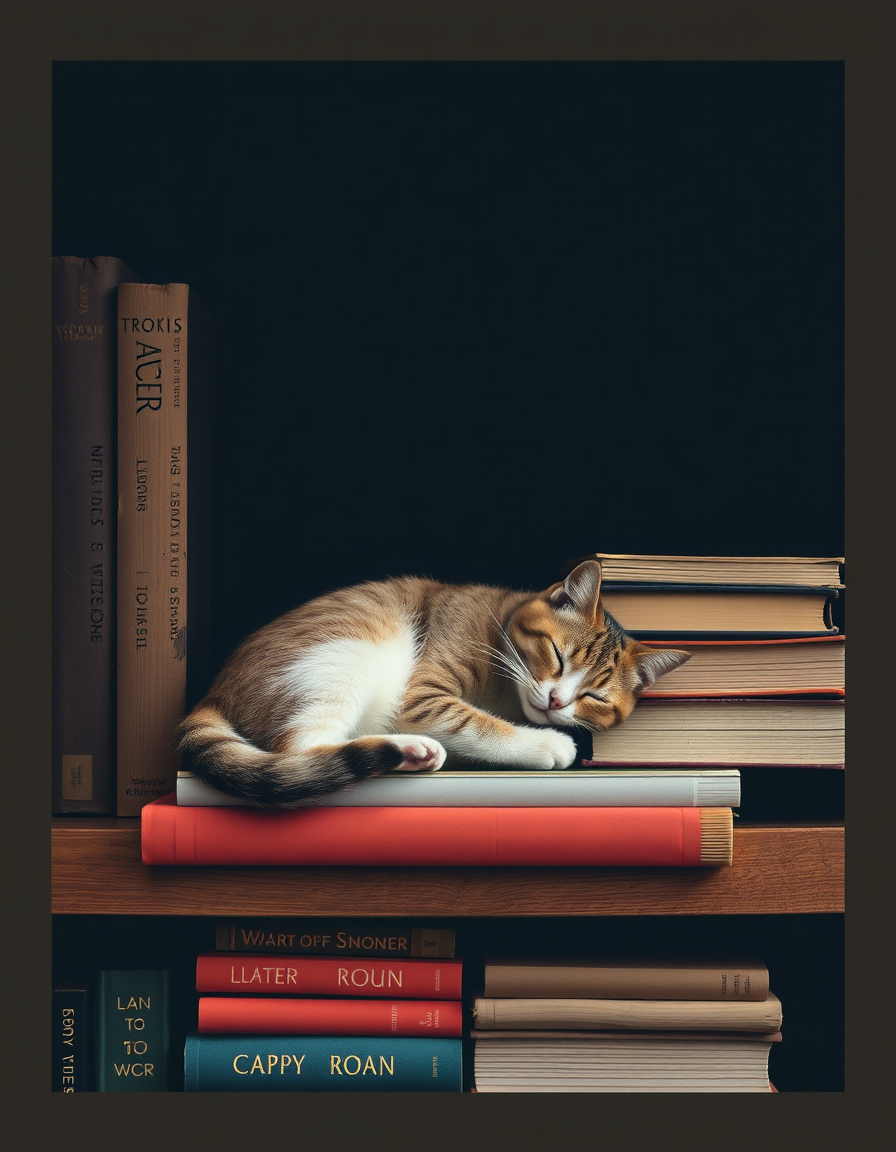 Book Covers idea: book cover composition, vertical 2:3 format, title-ready negative space at top, evocative subject, cat asleep on books on a shelf , print-ready book c