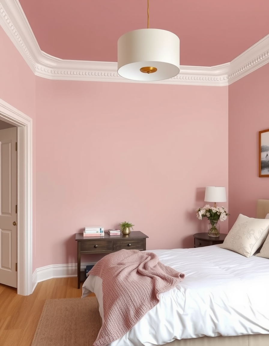 Paint Color idea: room repainted in a new wall color from the photo, accurate paint finish, photorealistic interior render, Bedroom with Edward Bulmer Lilac Pink walls