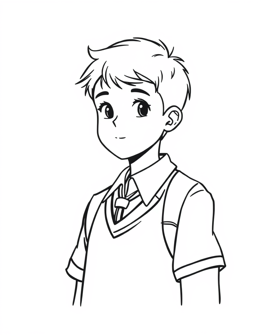 Photo To Outline idea: photo to outline drawing, clean contour lines, minimal shading, preserve subject silhouette, a boy in school uniform , simple black line art, white ba