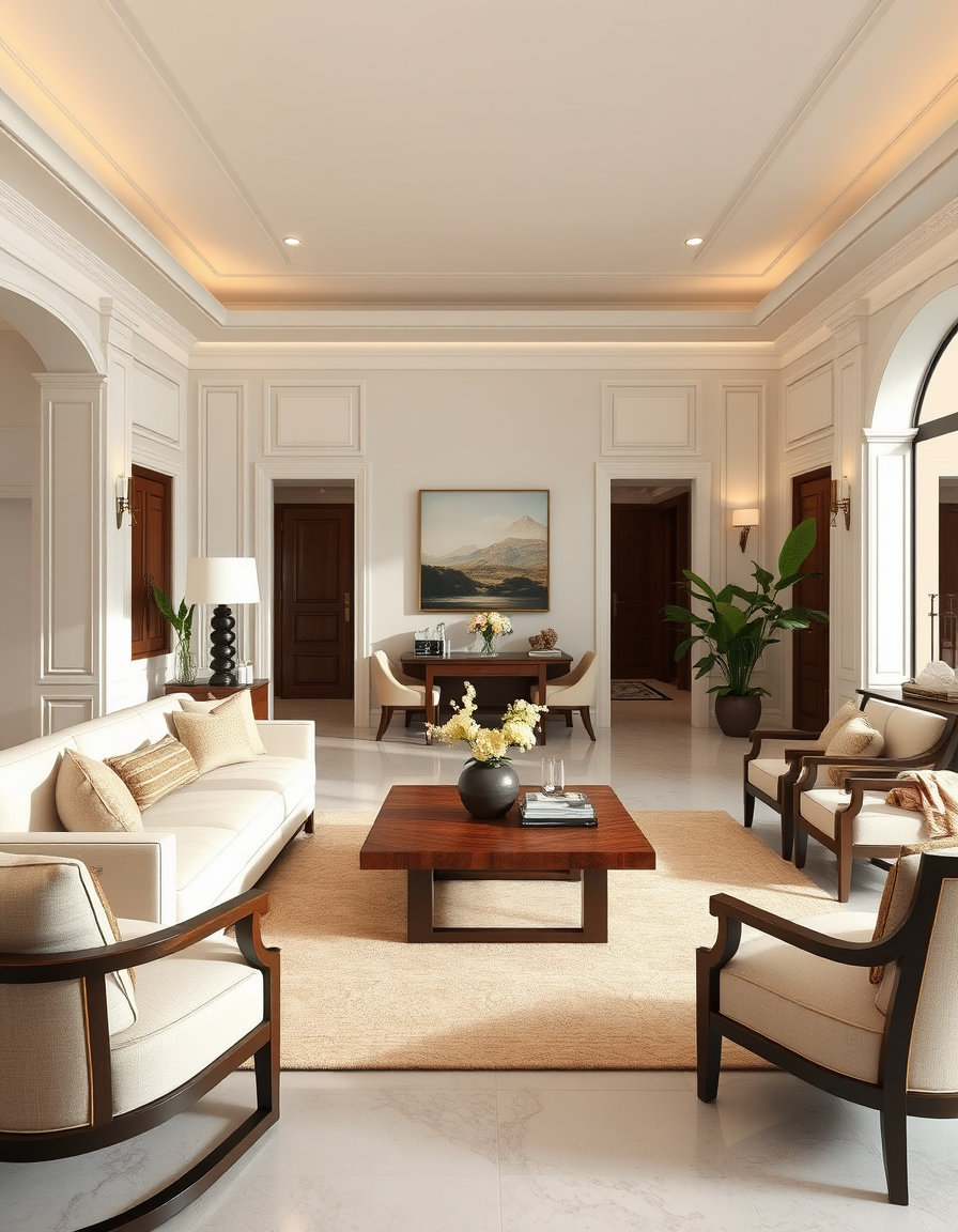Interior Design idea: AI interior design, cohesive furniture layout decor and lighting, photorealistic interior render, Photorealistic formal living room, Modern Classic Tr
