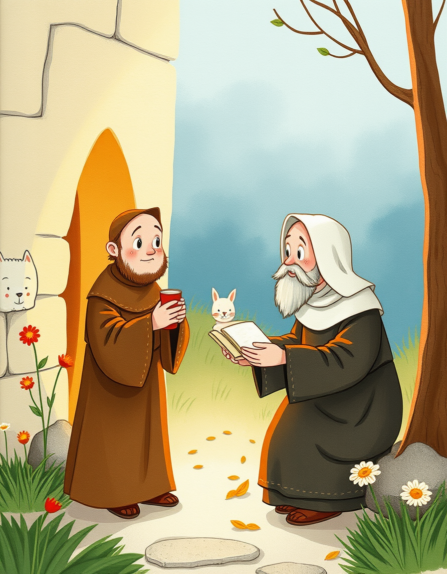 Storybook Illustrations idea: storybook illustration, warm narrative scene, hand-drawn feel, soft palette, franciscan capuchin monk friar religious , children's book illustration, 