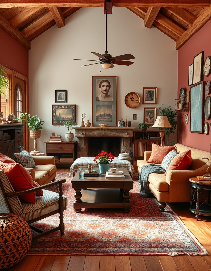 Main painting studio: Create a photorealistic interior design of a cozy, stylish home with a nostalgic vintage aesthetic. Use warm earthy tones, terracotta red, burnt orang