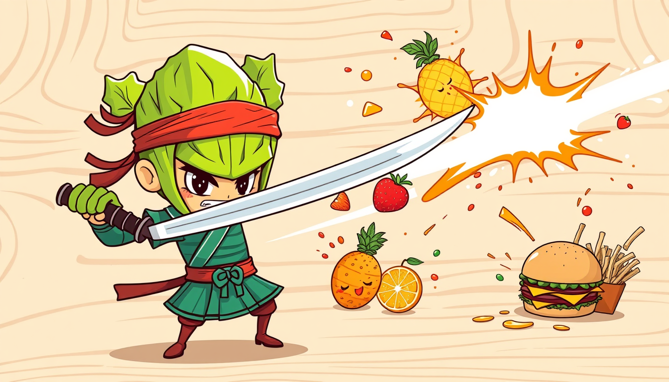 Comic Art idea: comic art, bold ink lines, halftone shading, dynamic composition, pixar style cartoon game banner, wide 16:9. A cute, determined samurai with a green 