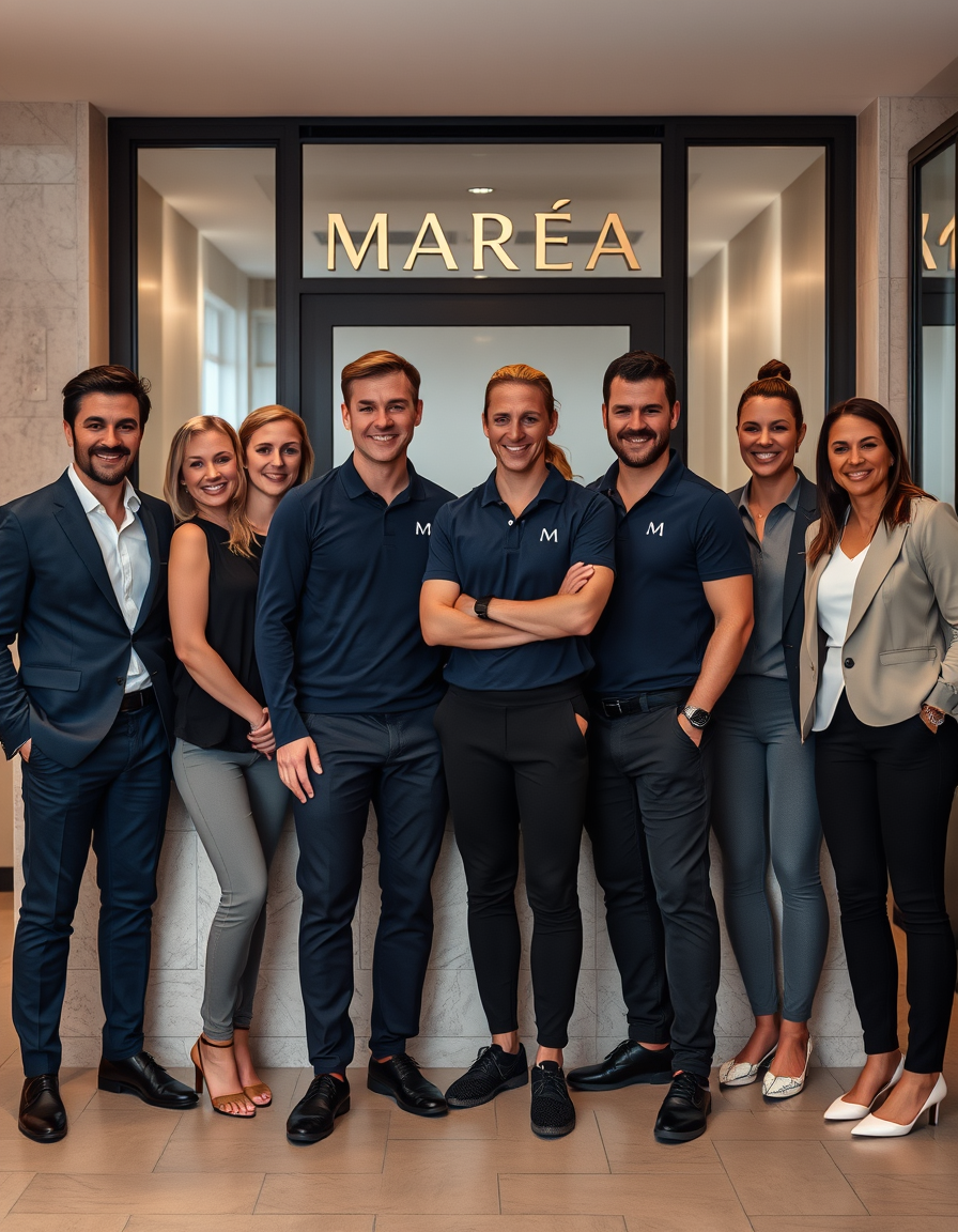Main painting studio: Crée une photographie professionnelle extrêmement réaliste de l'équipe d'un club privé de fitness et de bien-être haut de gamme nommé MARÉA, situé à C