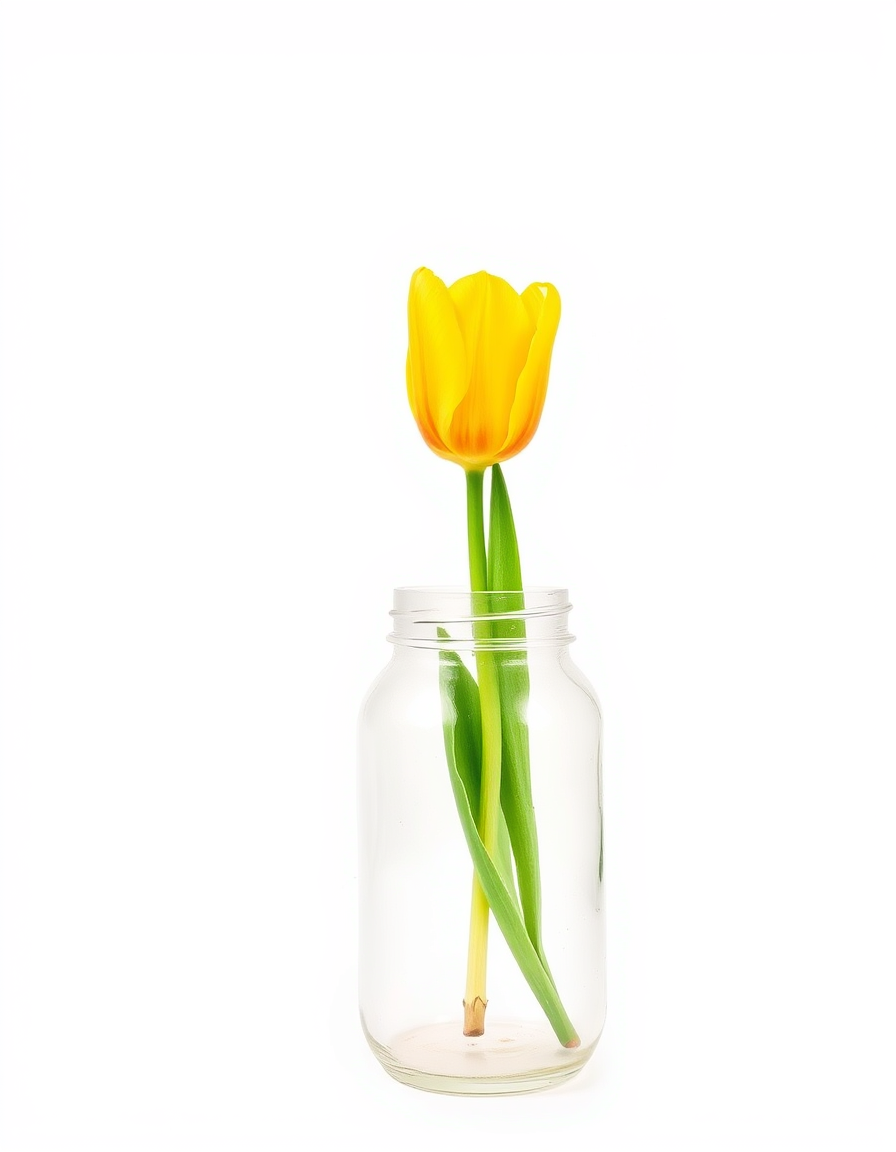 Main painting studio: A single yellow tulip in a glass jar, soft watercolor wash, natural daylight