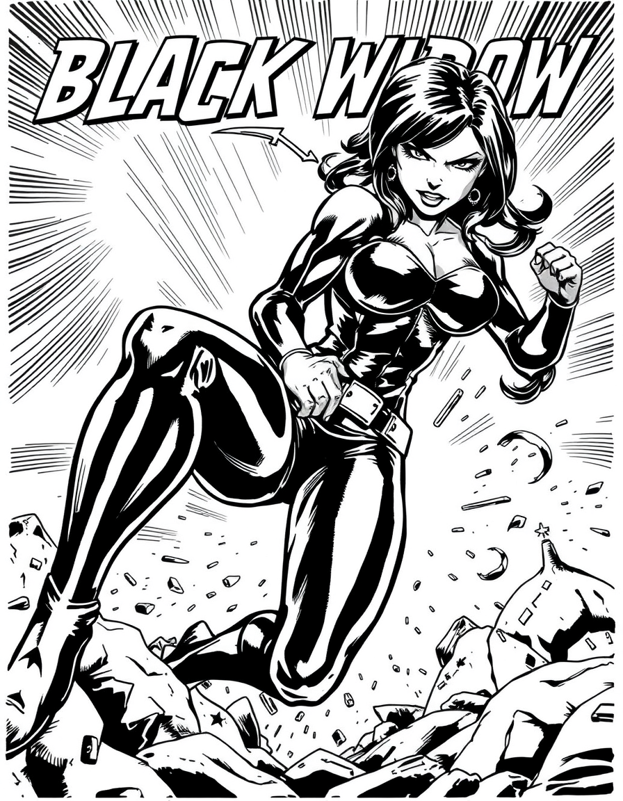 Comic Art idea: comic art, bold ink lines, halftone shading, dynamic composition, A normal comic strip featuring black widow but she is clutching her swollen ankle , 
