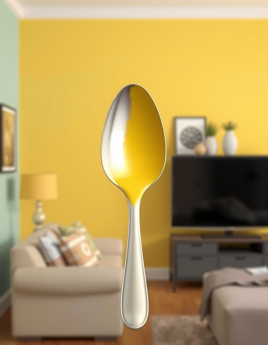 Paint Color idea: room repainted in a new wall color from the photo, accurate paint finish, photorealistic interior render, plastic spoon with base coat of silver metal
