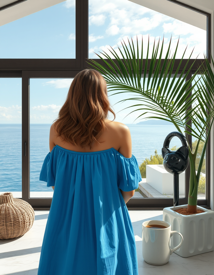 Main painting studio: Paint albanian tv host arjola shehu from back in front of the window having a great sea view in a modern architecture summer house.. And add a sculptu