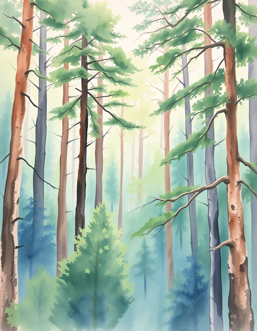 Main painting studio: Watercolor painting of dense forest