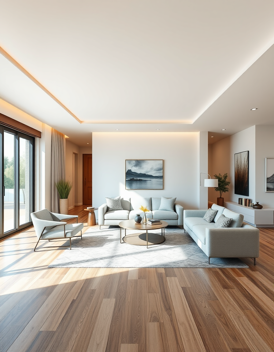 Virtual Staging idea: virtually staged empty room from the photo, tasteful furniture and decor added, photorealistic interior render, an unfurnished open-plan living area s