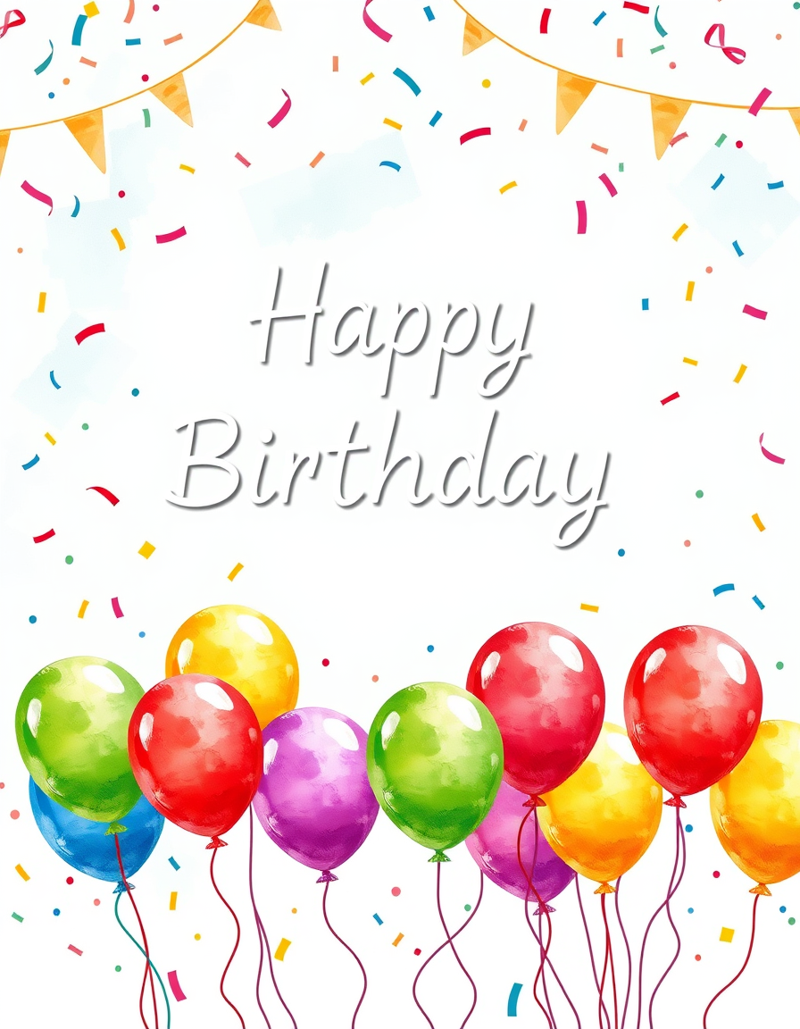 Birthday Cards idea: birthday card design, cheerful festive artwork, space for greeting, colorful balloons and confetti, watercolor style, bright and festive , printable b