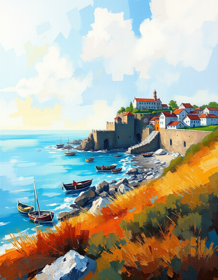 Photo To Paintings idea: painting from the photo, rich brushstrokes, painterly texture, eine Küstenlandschaft umgesetzt in ein Pleinair-Aquarell mit Nass-in-Nass-Himmel , fine