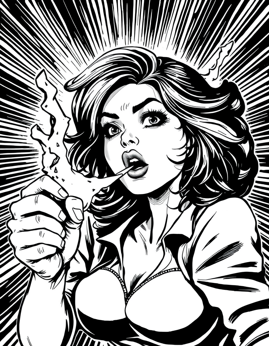 Comic Art idea: comic art, bold ink lines, halftone shading, dynamic composition, venum eten lolly , graphic novel illustration, comic panel ready