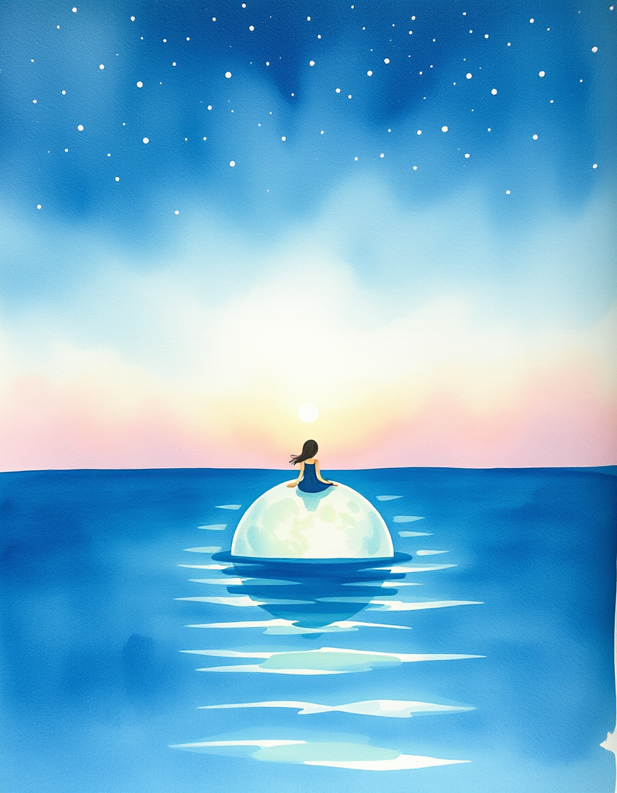 Picture Into Watercolor idea: turn picture into watercolor, transparent washes, paper texture, soft pigment edges, A beautiful sky night with stars and sea river view. On sea water