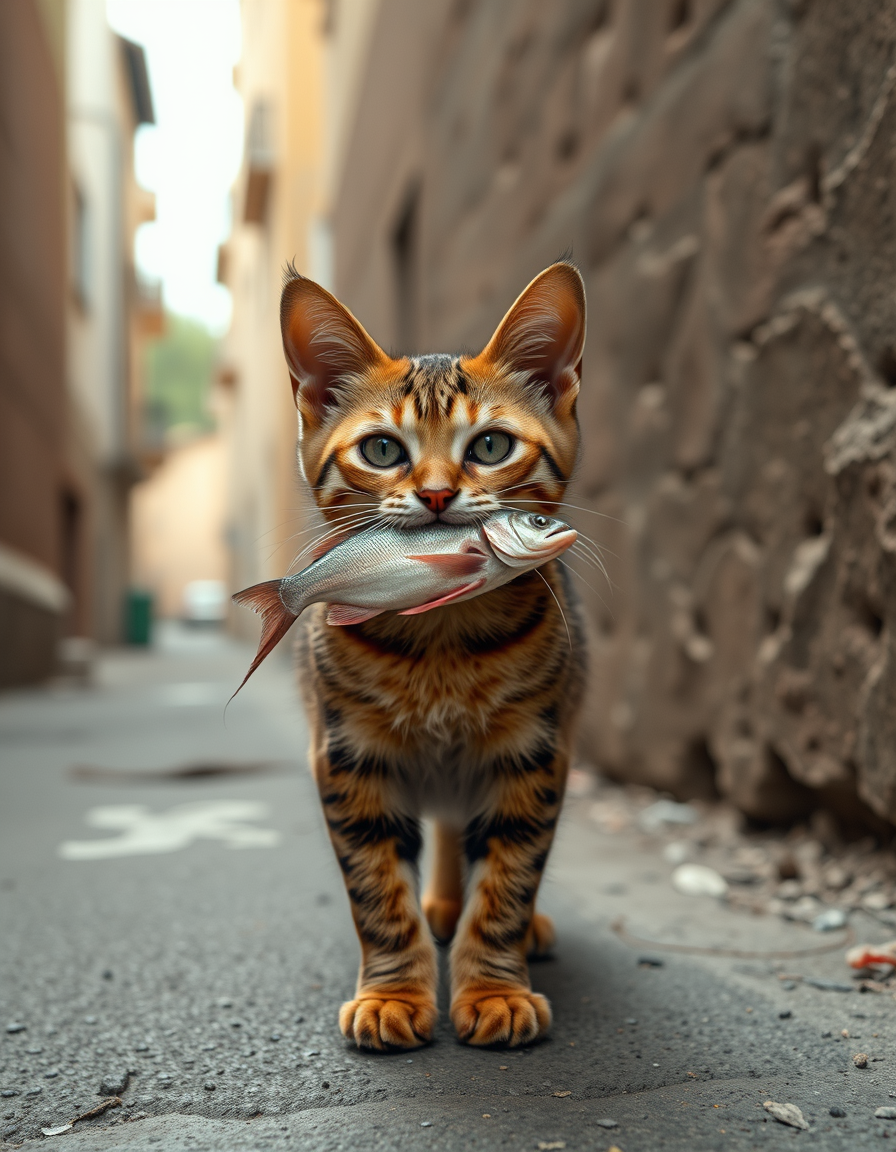 Book Covers idea: book cover composition, vertical 2:3 format, title-ready negative space at top, evocative subject, un gato de bengala bebé sucio, con un pescado en la