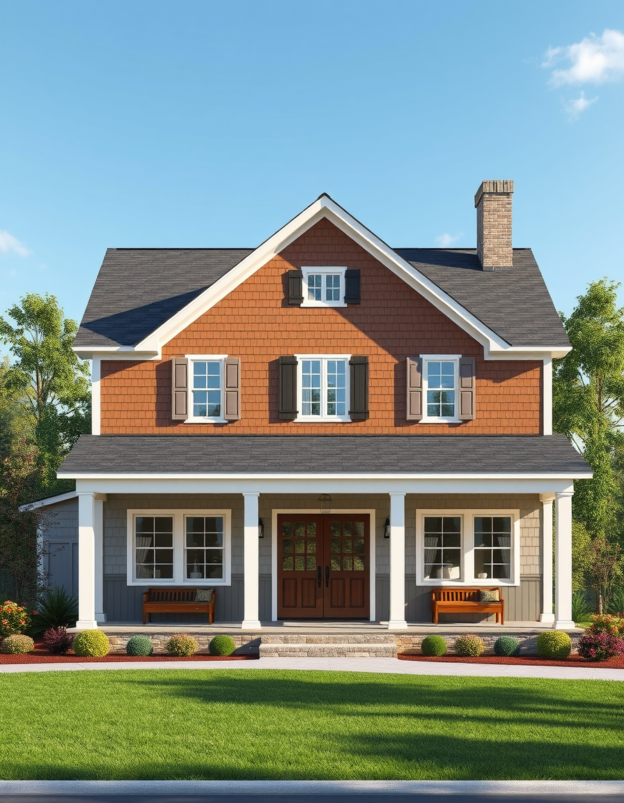 AI House Exterior Design idea created from the prompt: AI house exterior design, facade materials roofline and landscaping, photorealistic render, Front of 2-story Barndominium with shutters and