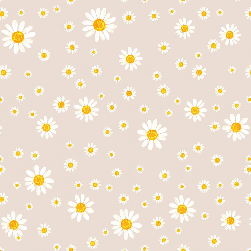 Watercolor idea: watercolor painting, soft transparent washes, wet-on-wet bleeds, paper texture visible, Tiny watercolor daisy pattern, miniature white and yellow dais