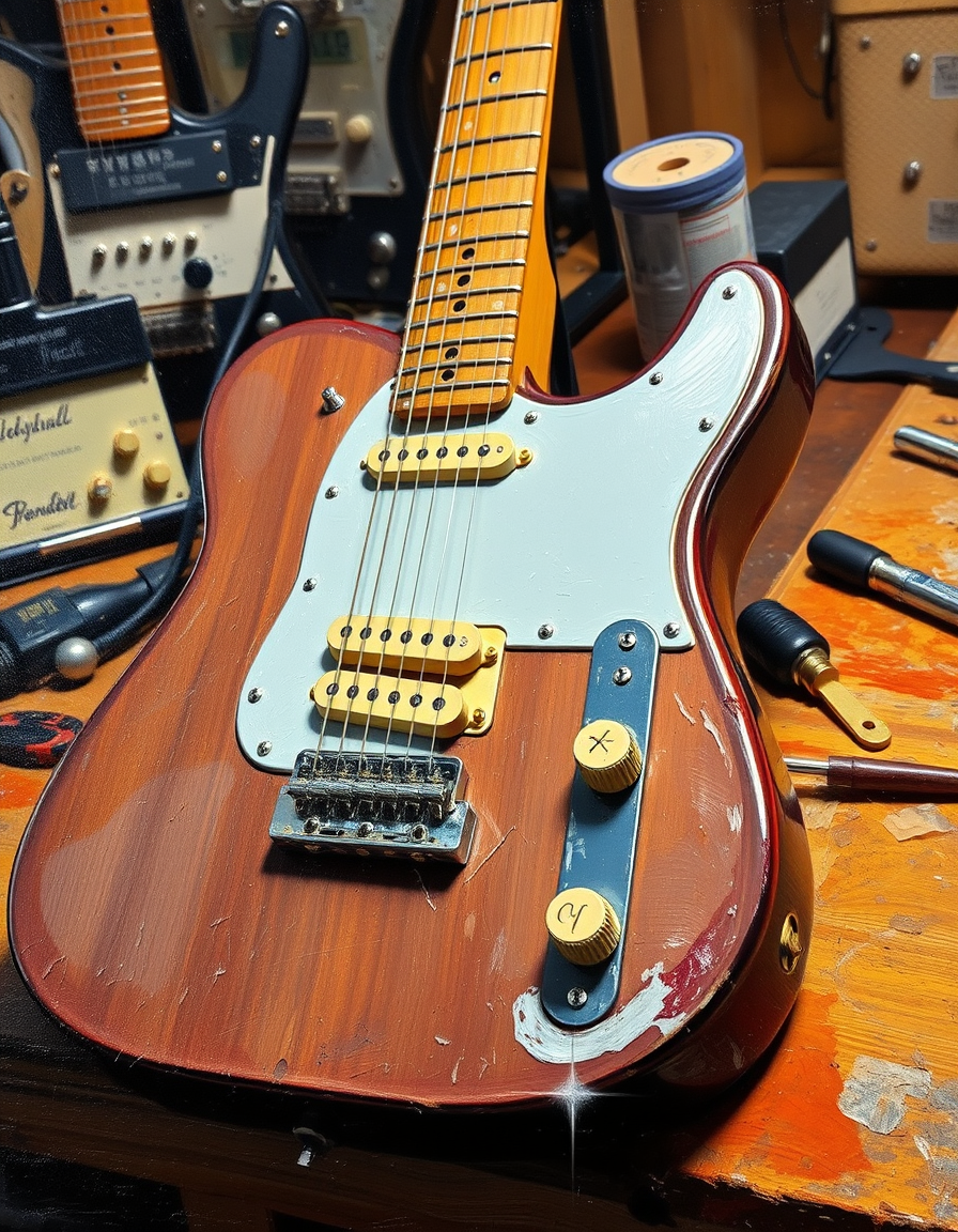 Oil Paintings idea: oil painting style, rich textures, brushstrokes, impasto technique, Fender telecaster bridge, guitar pickup, painted on a workbench, a guitar builder,