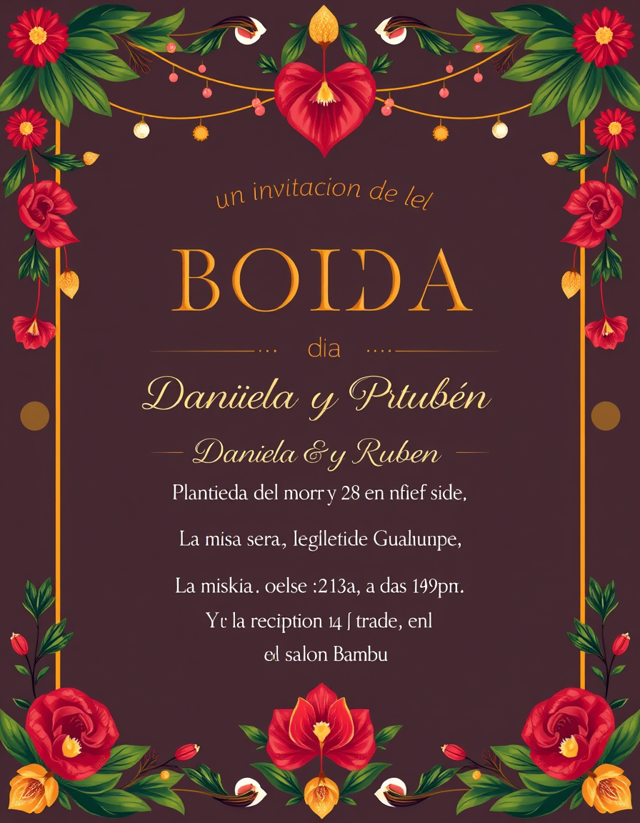 Invitation idea: party invitation design, festive layout, decorative border, space for event details, una invitacion de boda con el nombre de daniela y ruben el dia 28