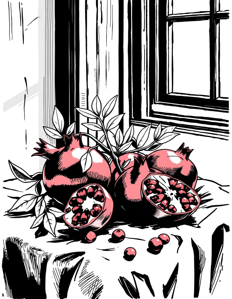 Comic Art idea: comic art, bold ink lines, halftone shading, dynamic composition, a still life of pomegranates on a linen cloth, soft window light , graphic novel ill