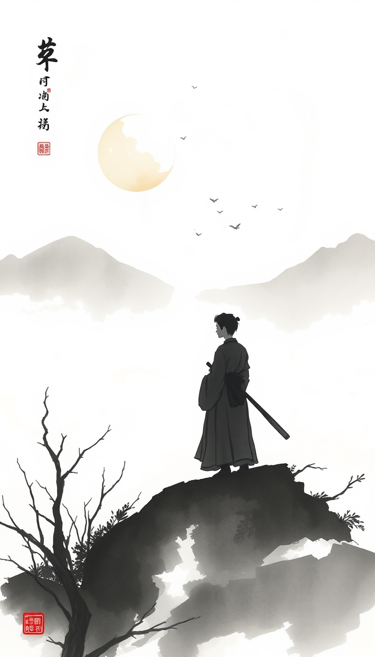 Ink Paintings idea: ink painting, sumi-e, Chinese brush painting, minimalist brushwork, create a boy who rises up exact at sunrise and follows his rituals in terms of lin