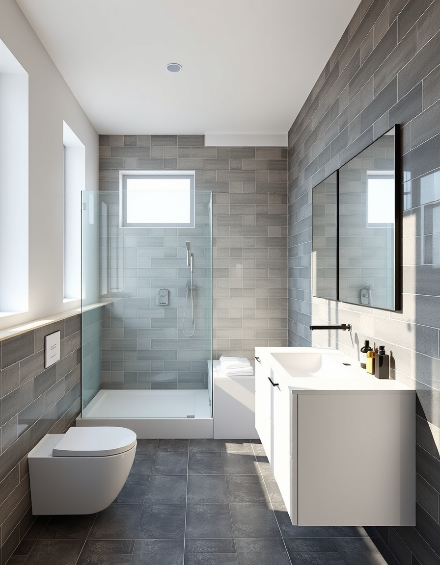 Bathroom Design idea: AI bathroom design, tiled surfaces vanity and fixtures, photorealistic interior render, 1,80m x 2,70 bad. Lange seite auf der vertikalen und kurze hor