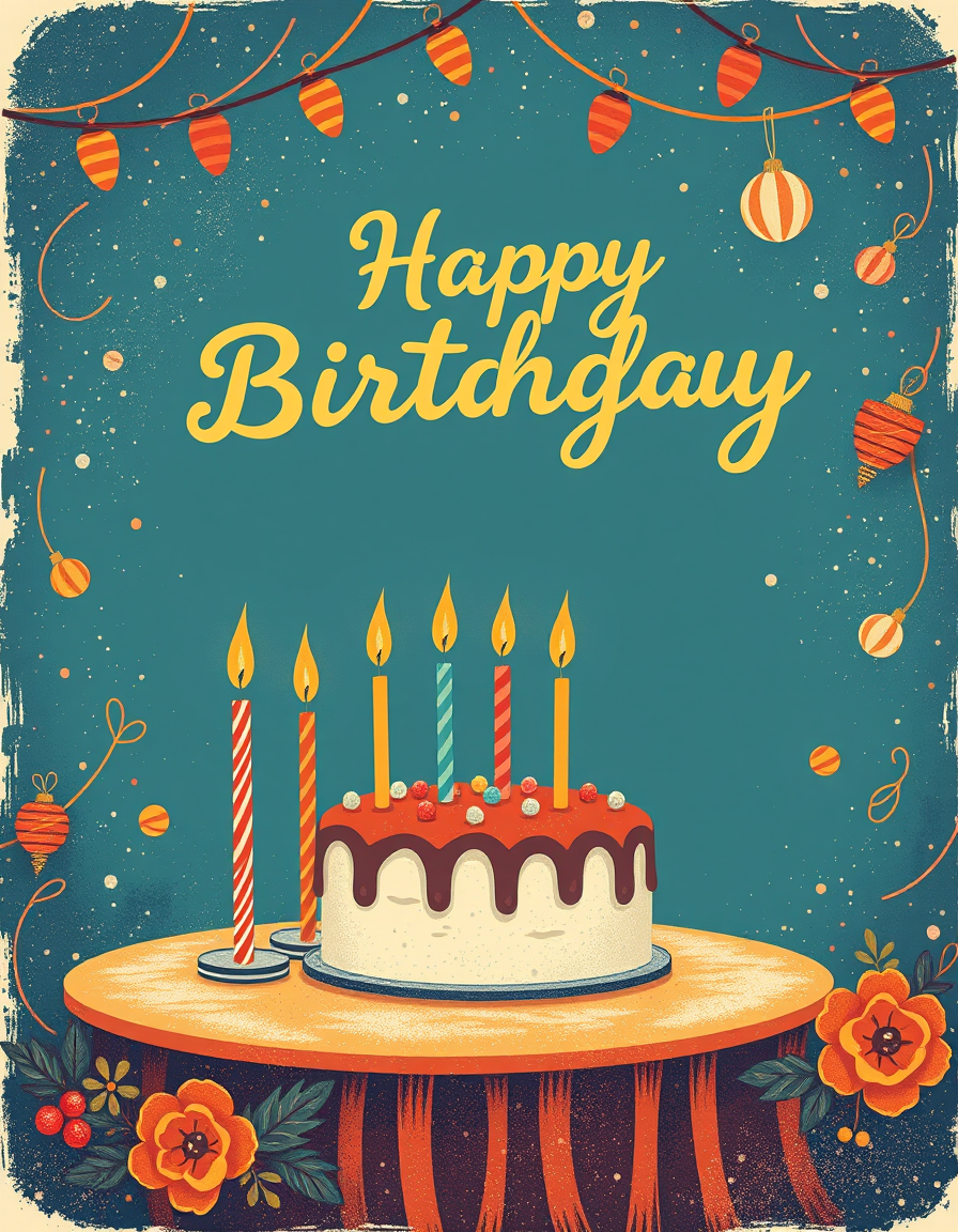 Birthday Cards idea: birthday card design, cheerful festive artwork, space for greeting, vintage Retro-Geburtstagstorte mit Kerzen, warme Erdtöne , printable birthday card