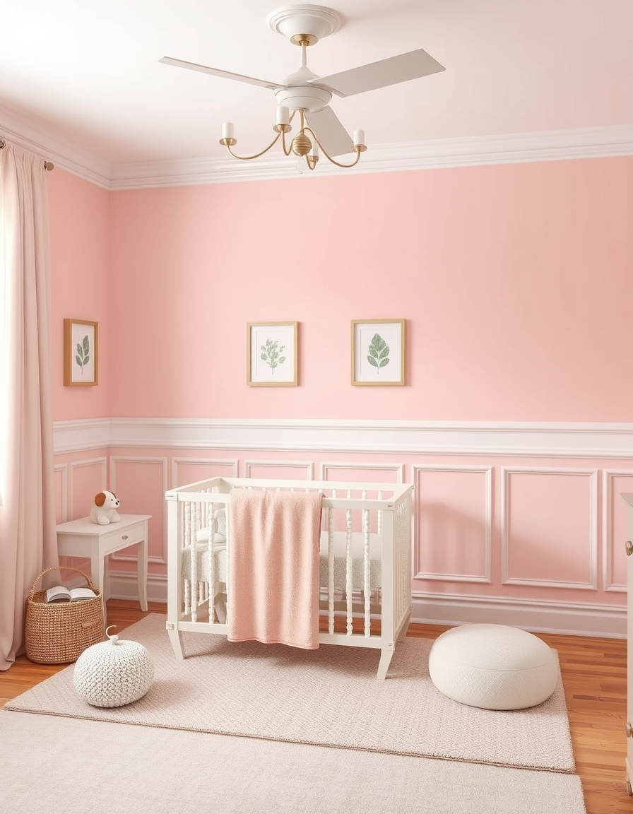 Paint Color idea: room repainted in a new wall color from the photo, accurate paint finish, photorealistic interior render, a nursery painted in soft blush pink with wh