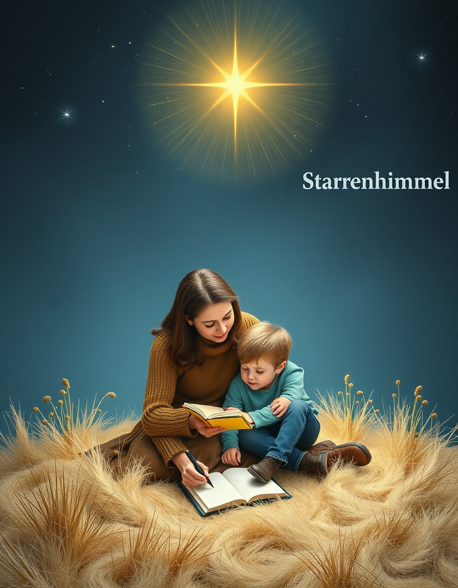 Book Covers idea: book cover composition, vertical 2:3 format, title-ready negative space at top, evocative subject, Unter einem Sternenhimmel bringt eine Mutter ihrem