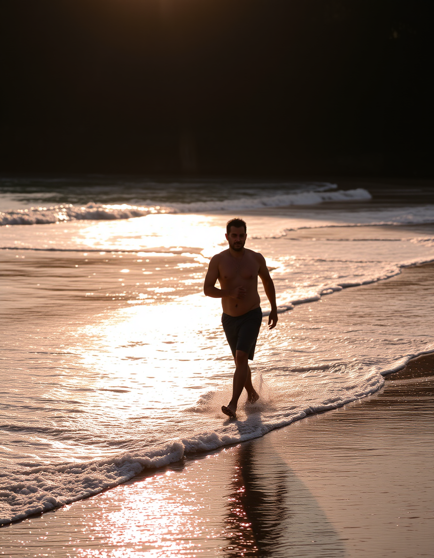 Main painting studio: caminando por la playa tocando con los pies el agua y los pantalones remangados