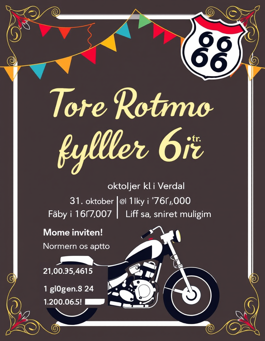 Invitation idea: party invitation design, festive layout, decorative border, space for event details, This is the text for the invitation: "Tore Rotmo fyller 60 år! 31
