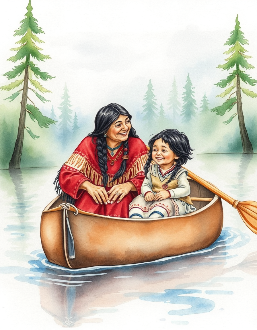 Watercolor idea: watercolor painting, soft transparent washes, wet-on-wet bleeds, paper texture visible, Water color Native American Grandma and small grandson sitting