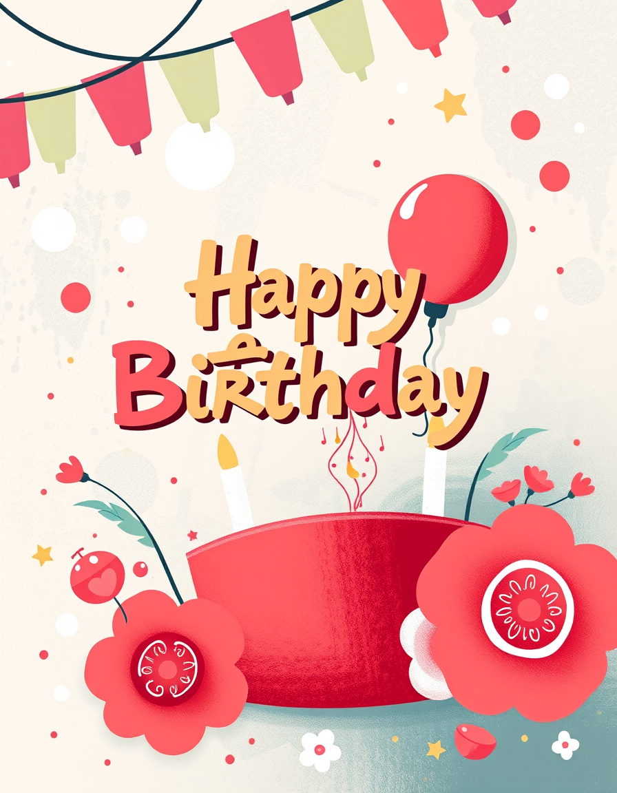 Birthday Cards idea: birthday card design, cheerful festive artwork, space for greeting, 優雅花卉花環搭配金色字體，植物插畫風格 , printable birthday card