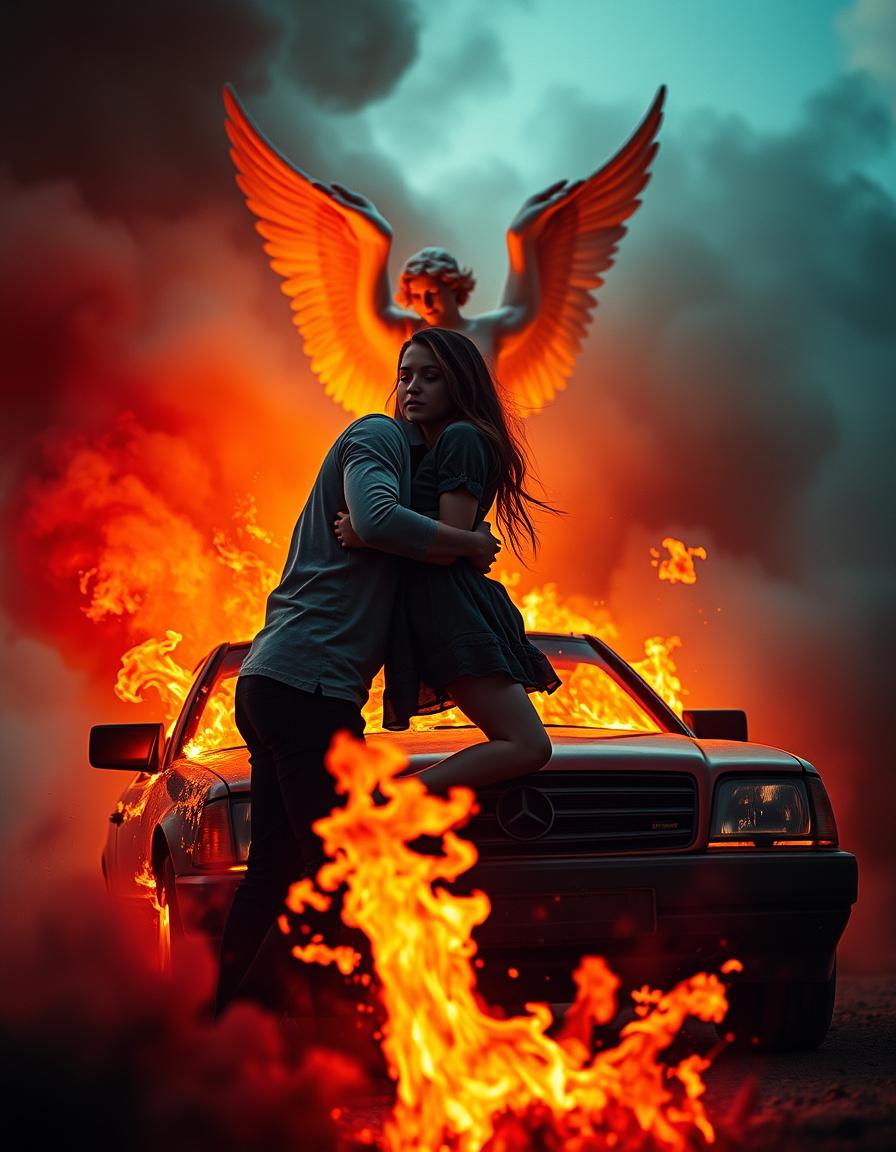 Book Covers idea: book cover composition, vertical 2:3 format, title-ready negative space at top, evocative subject, a car is burning. teenage girl being held by boyfri