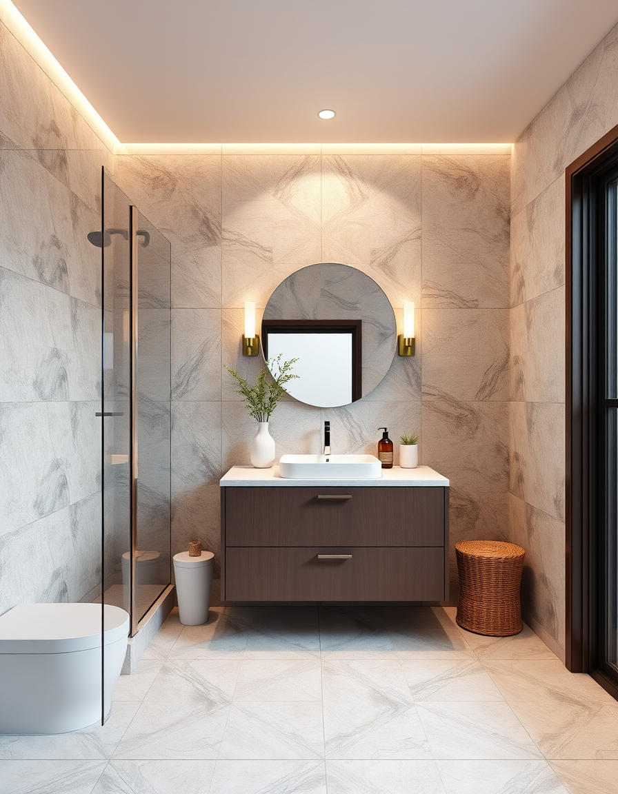 Bathroom Design idea: AI bathroom design, tiled surfaces vanity and fixtures, photorealistic interior render, Design a bath 8x10 , bathroom remodel visualization