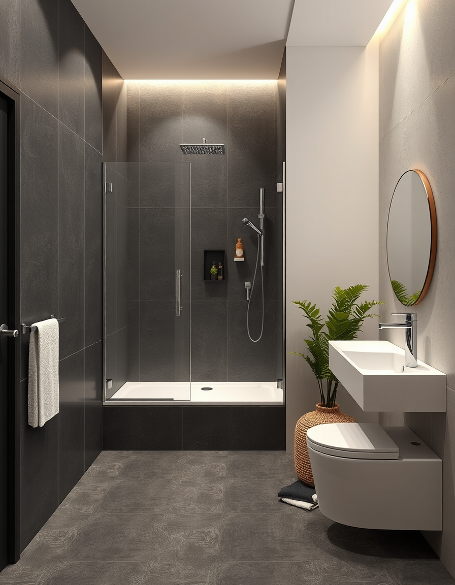 Interior Design idea: AI interior design, cohesive furniture layout decor and lighting, photorealistic interior render, Douche italienne carrelage gris anthracite au sol et