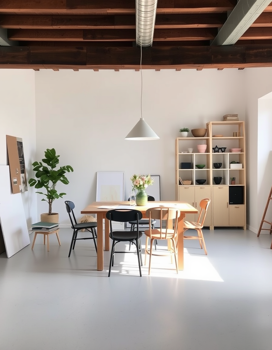 Main painting studio: Sala polivalent de 18 m² per a artteràpia, fang i costura. Càlida i acollidora, sostre llis sense bigues, fusta clara i colors suaus. Taula modular pl