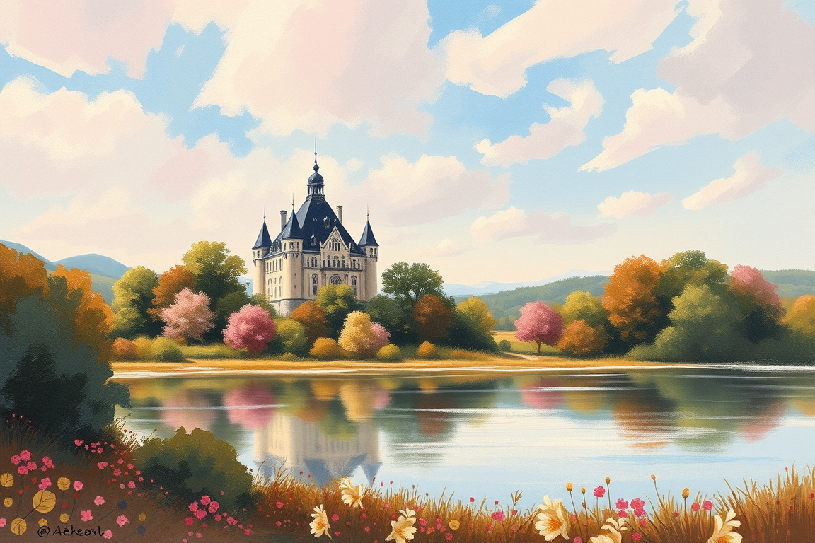Landscape idea created from the prompt: painted landscape, atmospheric perspective, hand-brushed sky and foliage, gallery composition, UN chateau fais que de vielle brique avec des
