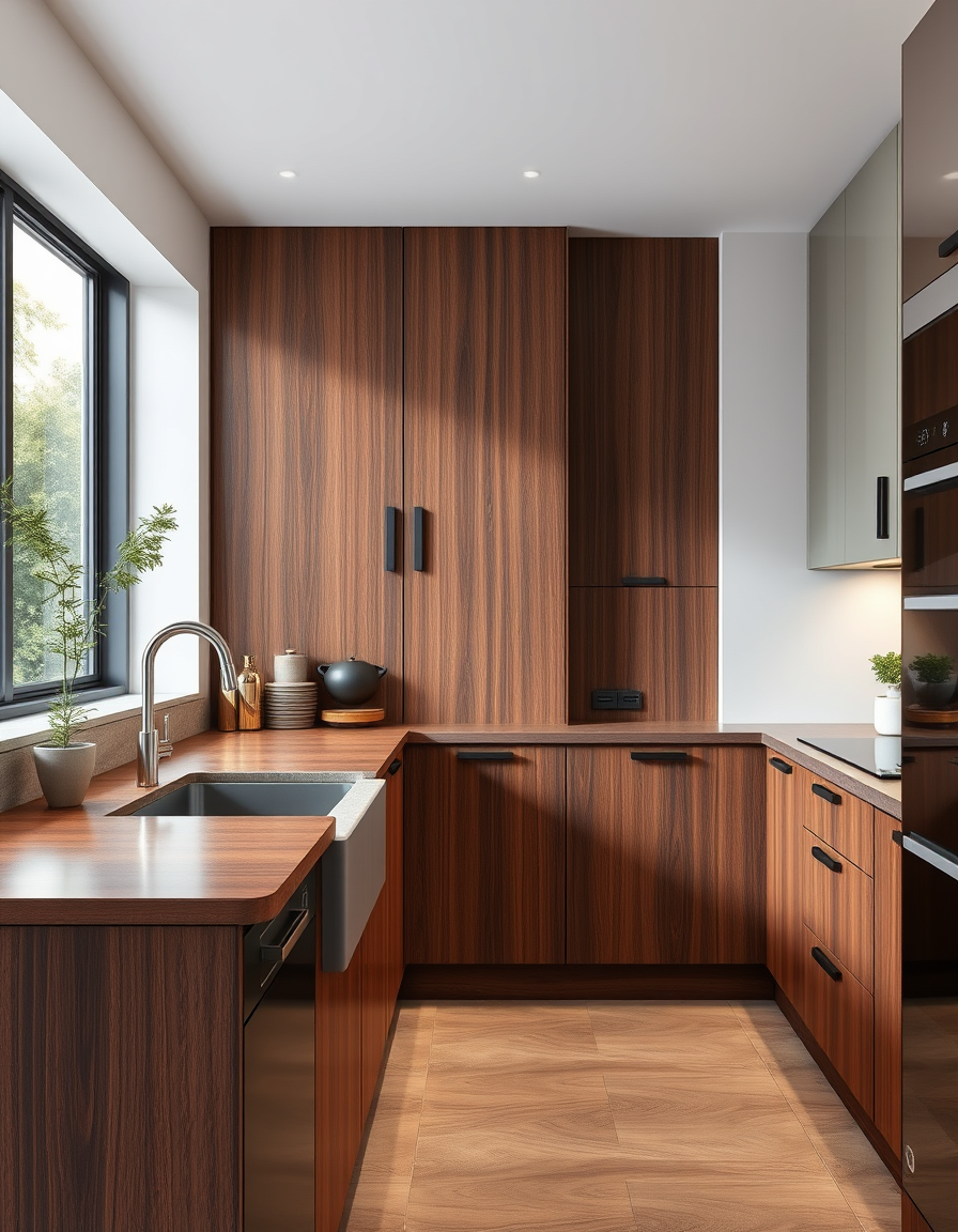 Kitchen Design idea: AI kitchen design, modern cabinetry countertops and lighting, photorealistic interior render, Design a two tone rosewood sleek 5m one wall and allow f