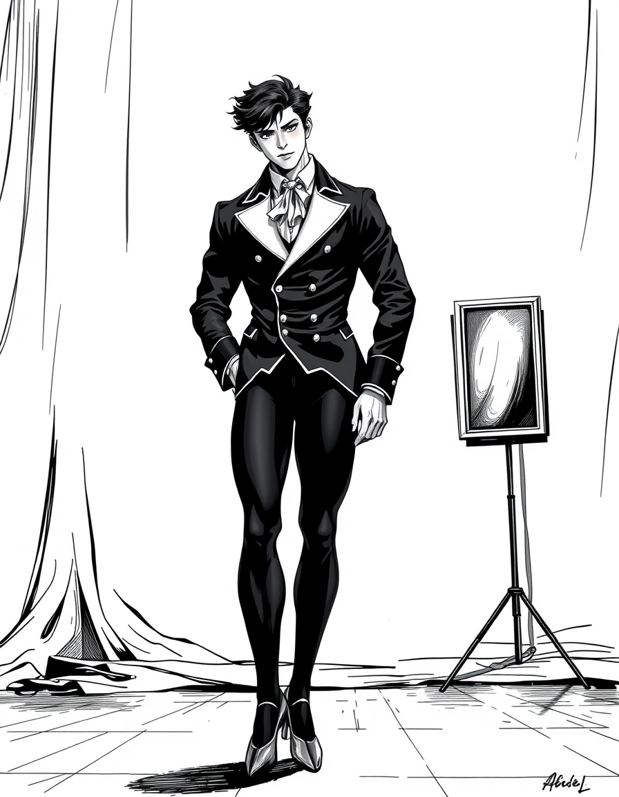 Comic Art idea: comic art, bold ink lines, halftone shading, dynamic composition, a drama comic about a handsome and muscular black haired young male ballet dancer in