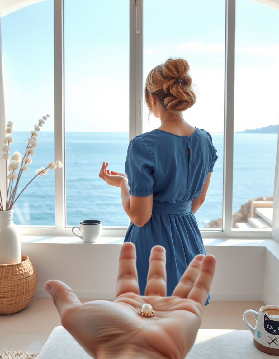 Main painting studio: Paint albanian tv host arjola shehu from back in front of the window having a great sea view in a modern architecture summer house.. And add a ring wi