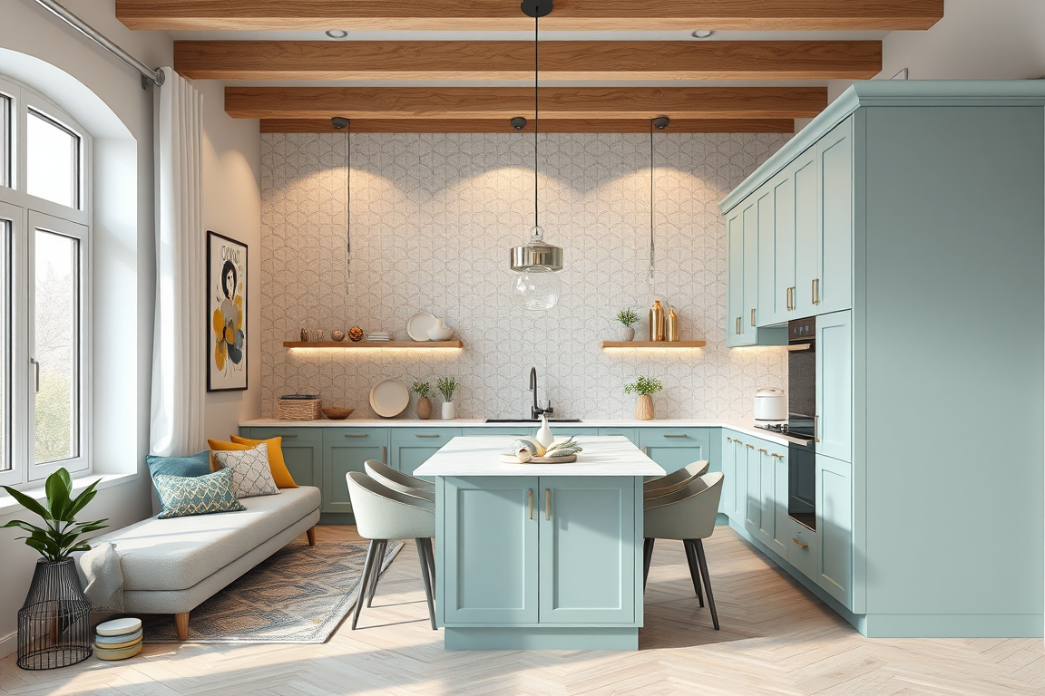 Interior Design idea: AI interior design, cohesive furniture layout decor and lighting, photorealistic interior render, давай создадим кухню 170 на 230, у которой потолки 2