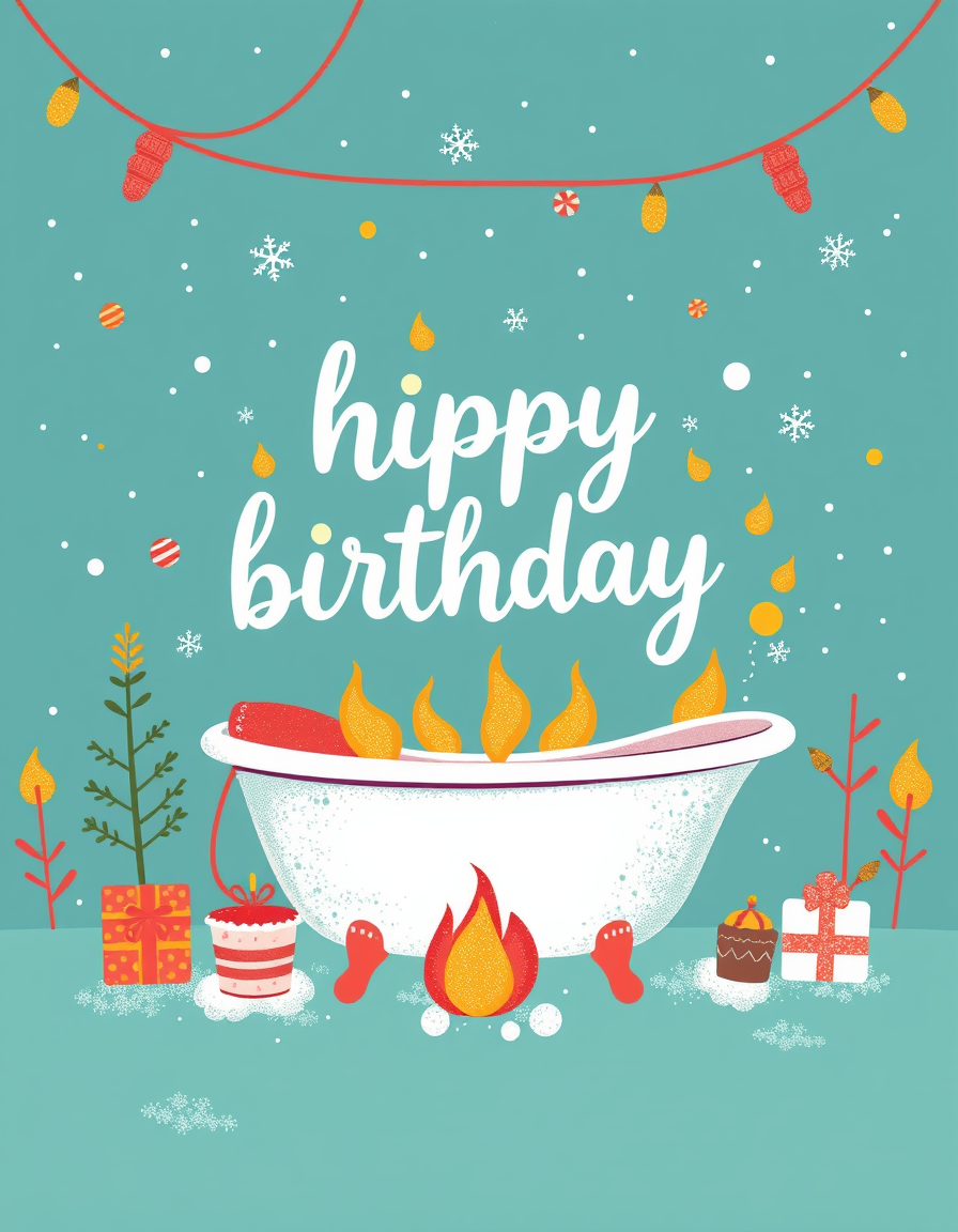 Birthday Cards idea: birthday card design, cheerful festive artwork, space for greeting, Birthday card with lots of fire saying "hippy bathday" , printable birthday card