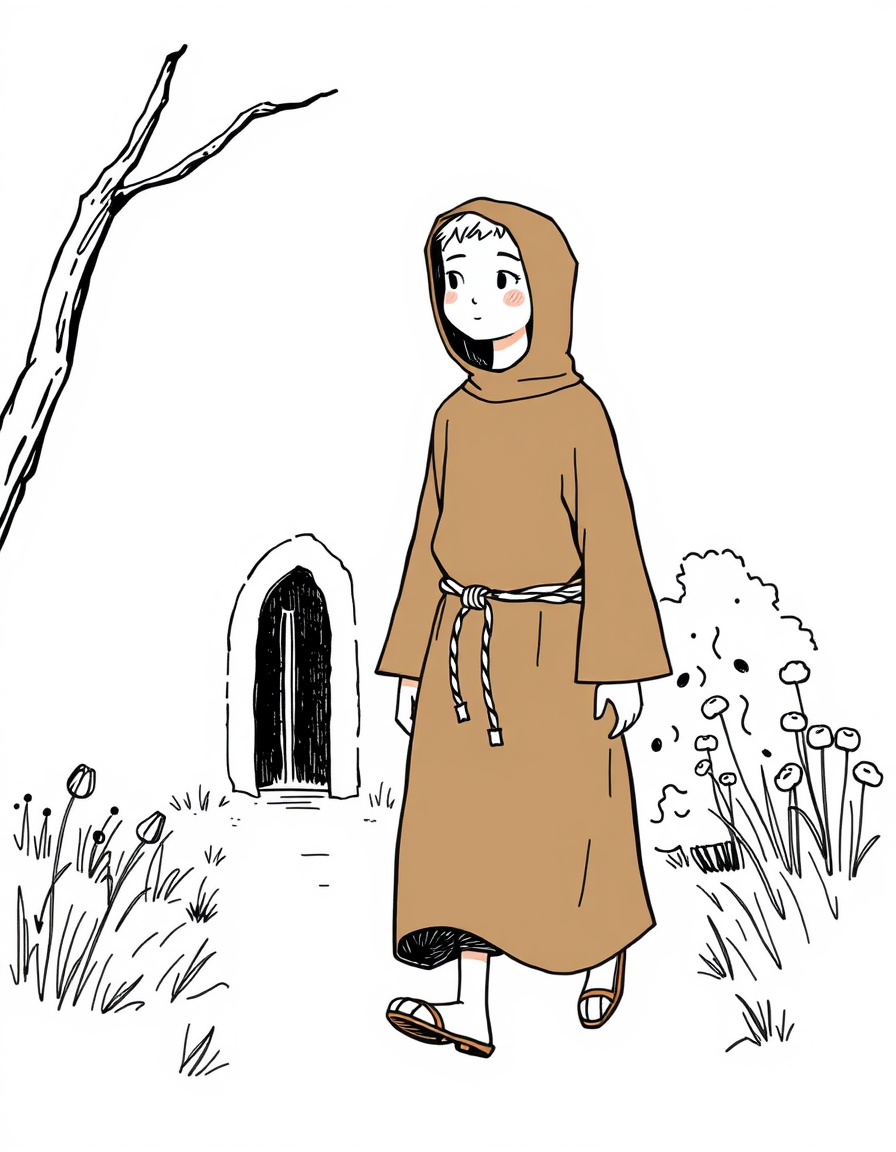 Storybook Illustration idea created from the prompt: storybook illustration, warm narrative scene, hand-drawn feel, soft palette, walking in monastery garden""Young Capuchin friar in simple bro