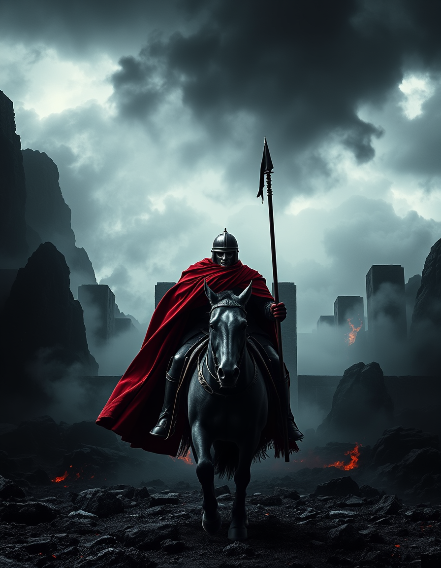 Book Covers idea: book cover composition, vertical 2:3 format, title-ready negative space at top, evocative subject, cavaliere davanti alle porte dell'inferno e all'inf